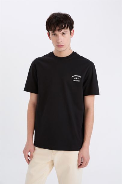 تيشيرت قطن مطبوع قصة عادية برقبة مستديرة