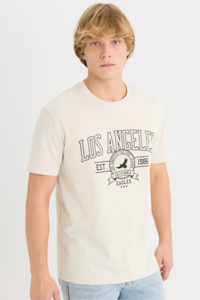 تيشيرت قطن مطبوع قصة عادية برقبة مستديرة