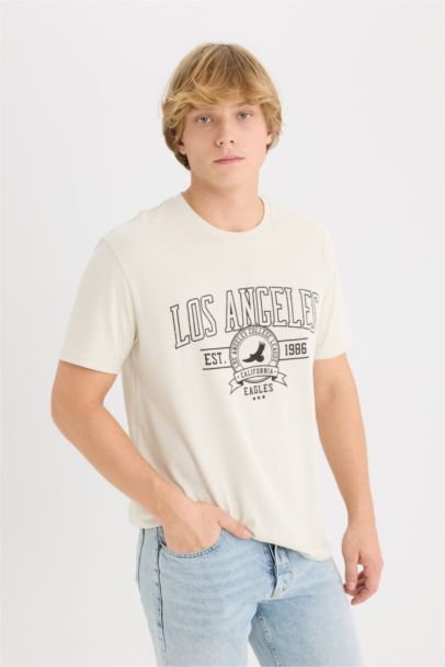 تيشيرت قطن مطبوع قصة عادية برقبة مستديرة