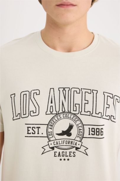 تيشيرت قطن مطبوع قصة عادية برقبة مستديرة