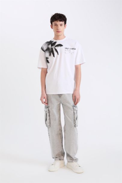 %100 Pamuk Boxy Fit Bisiklet Yaka Baskılı Kısa Kollu Tişört