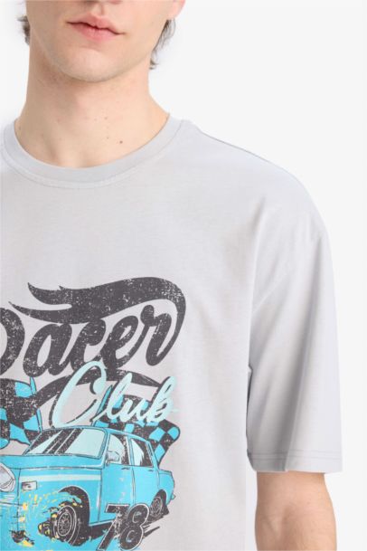 تيشيرت قطن اوفر سايز نص كم مطبوع برقبة مستديرة