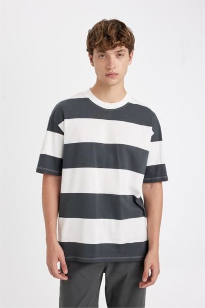 Boxy Fit Crew Neck Striped Cotton Short Sleeve T-Shirt
