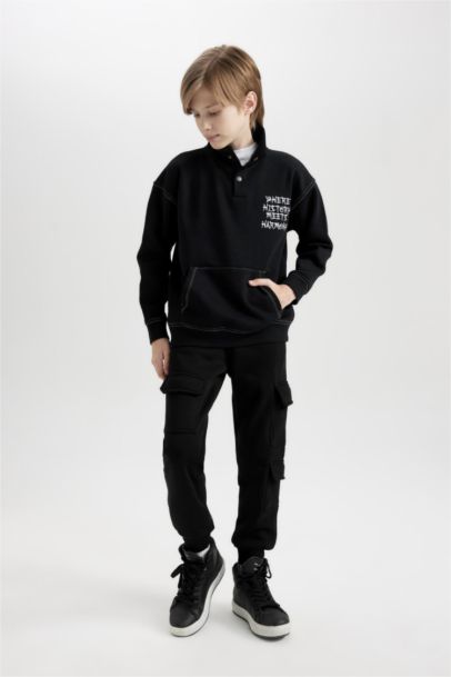 Siyah Oversize Geniş Kalıp Balıkçı Yaka Baskılı Sweatshirt Erkek Çocuk