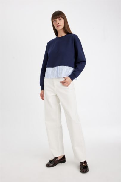 Relax Fit Crew Neck Hem Detailed Basic Sweatshirt