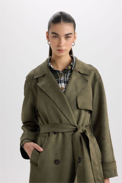 Regular Fit Smokin Yaka  Kemerli Cepli Uzun Süet Trençkot