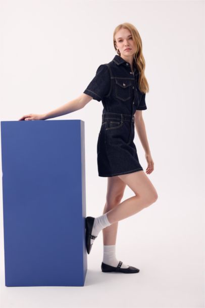 Fashion Fit Gömlek Yaka Cepli Kısa Kollu Midi Jean Elbise