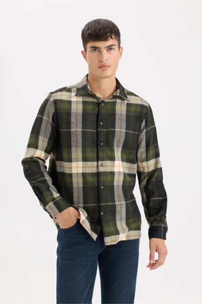 قميص كاروهات ردن طويل قصة عادية برقبة بولو