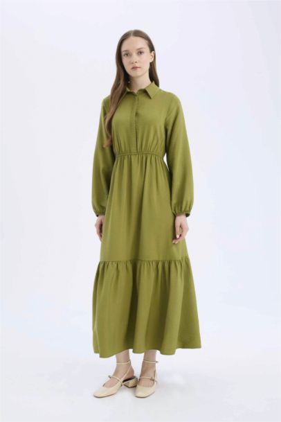 Shirt Collar Buttoned Waist Gathered Basic Maxi Dress