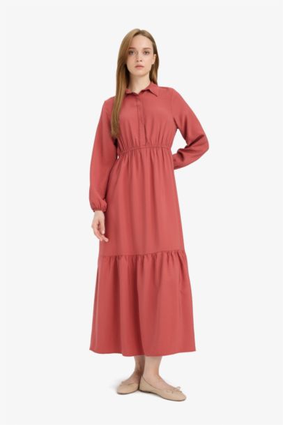 Shirt Collar Gathered Long Sleeve Maxi Dress