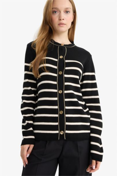 Regular Fit Crew Neck Striped Knit Cardigan