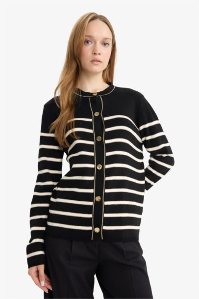 Regular Fit Crew Neck Striped Knit Cardigan