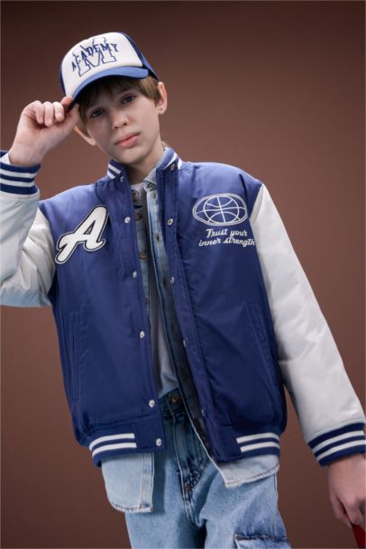 Kolej Yaka Sırt Baskılı Çıtçıtlı Bomber Mont Erkek Çocuk