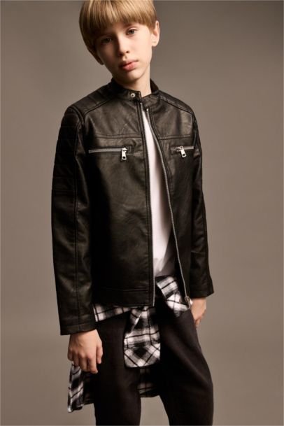 Boy Stand Collar Faux Leather Waterproof Jacket