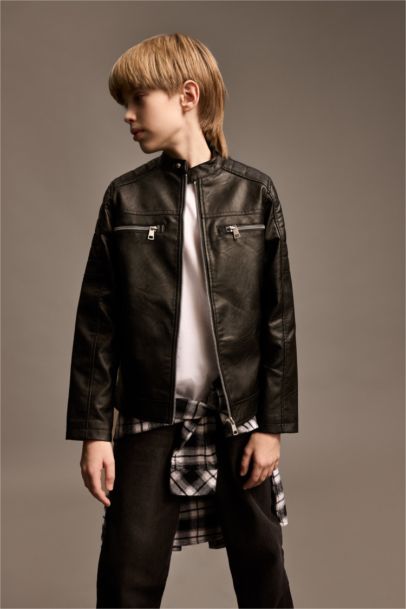 Boy Stand Collar Faux Leather Waterproof Jacket
