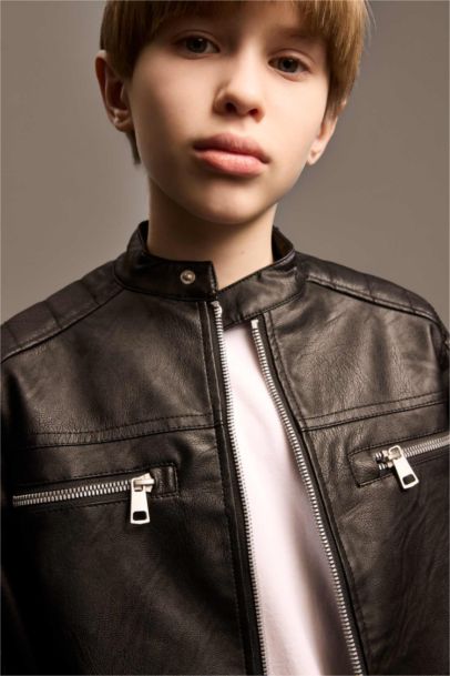 Boy Stand Collar Faux Leather Waterproof Jacket