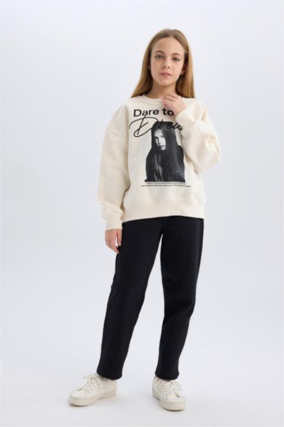 بنطلون اسود بناتي قصة مستقيمة بجيب وخصر مطاطي