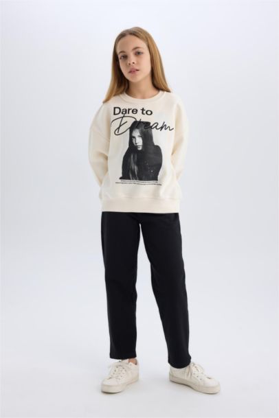 بنطلون اسود بناتي قصة مستقيمة بجيب وخصر مطاطي