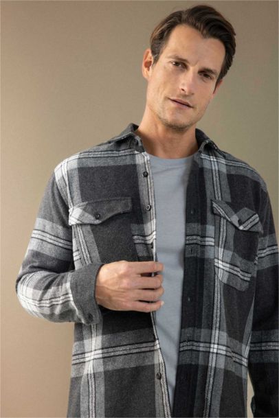 Regular Fit Polo Neck Plaid Lumberjack Flannel Shirt