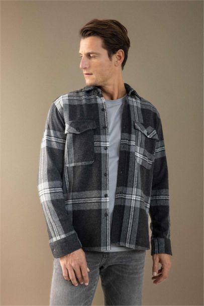 Regular Fit Polo Neck Plaid Lumberjack Flannel Shirt