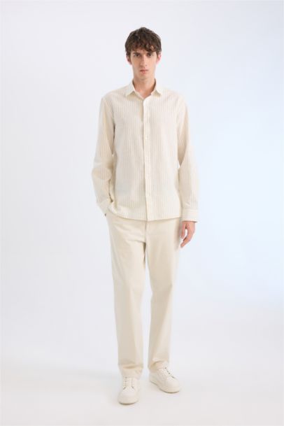 Regular Fit Polo Collar Striped Linen Long Sleeve Shirt