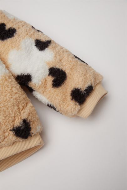 Bisiklet Yaka Kalp Desenli İçi Yumuşak Tüylü Welsoft Pelüş Sweatshirt Kız Bebek