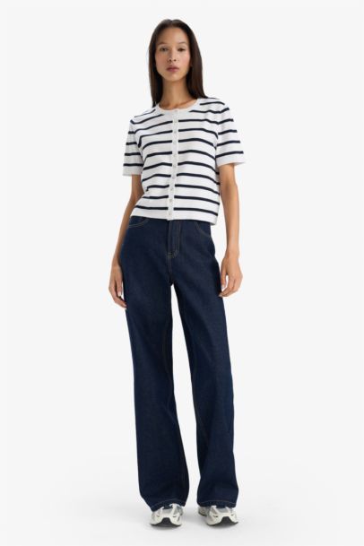 Regular Fit Crew Neck Striped Knit Cardigan