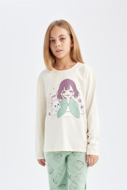 Kız Çocuk Pijama Takımı Baskılı Uzun Kollu Üst Beli Lastikli Uzun Alt