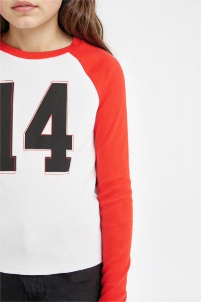 Bisiklet Yaka Baskılı Fitilli Kaşkorse Uzun Kollu Tişört Kız Çocuk