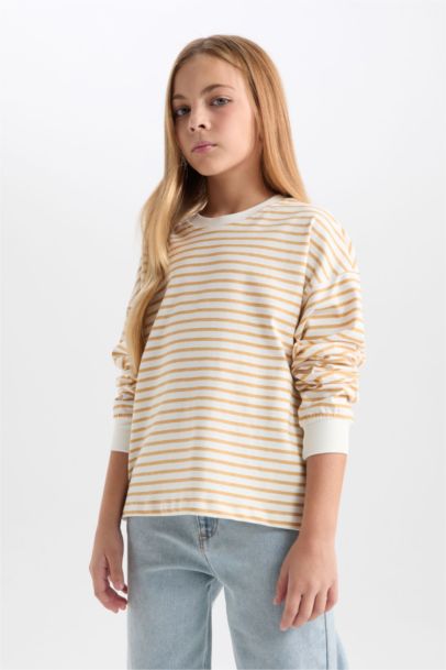 Relax Fit Bisiklet Yaka Çizgili Sweatshirt Kız Çocuk