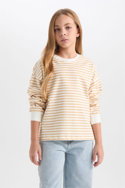 Relax Fit Bisiklet Yaka Çizgili Sweatshirt Kız Çocuk