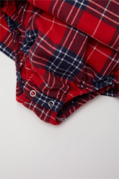 Yılbaşı Temalı 2'li Takım Bebe Yaka Kareli Flanel Elbise Külotlu Çorap Kız Bebek Yenidoğan