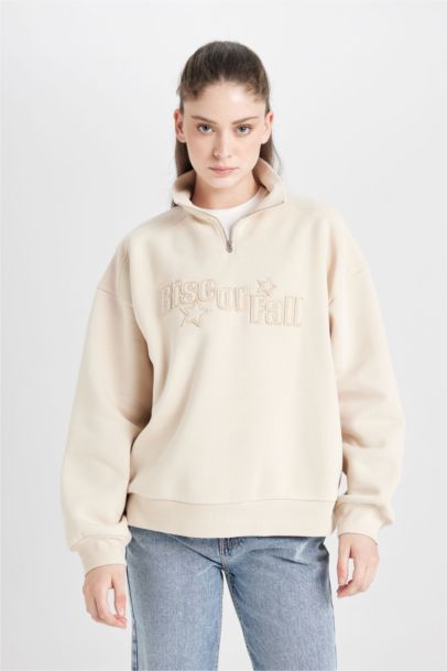 Sweat-shirt ample imprimé à demi-fermeture éclair à manches longues