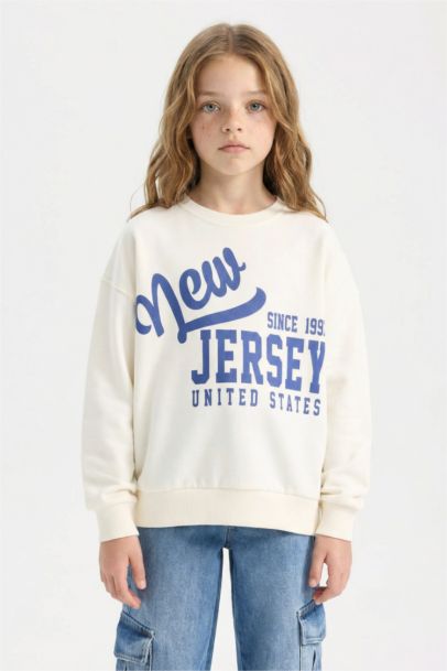 Relax Fit Bisiklet Yaka Baskılı Sweatshirt Kız Çocuk