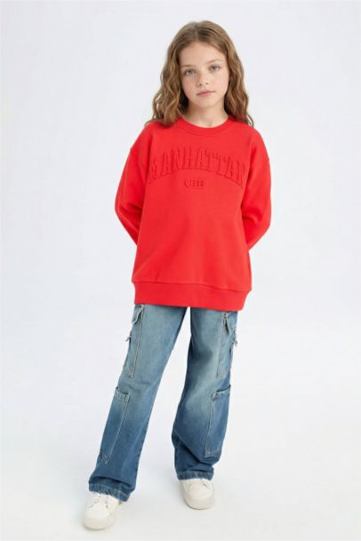 Kırmızı Bisiklet Yaka Baskılı Sweatshirt Kız Çocuk