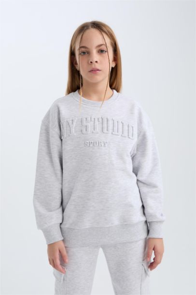 Gri Bisiklet Yaka Baskılı Sweatshirt Kız Çocuk