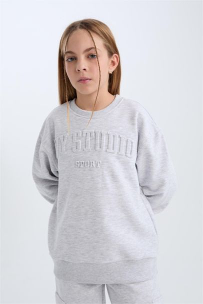 Gri Bisiklet Yaka Baskılı Sweatshirt Kız Çocuk