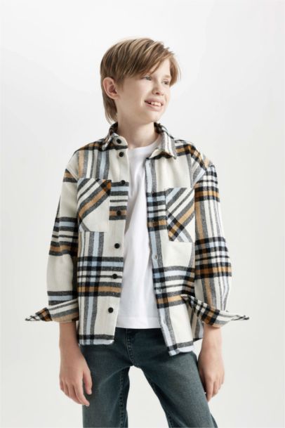 Boy Oversize Fit Flannel Pocket Checked Polo Shirt