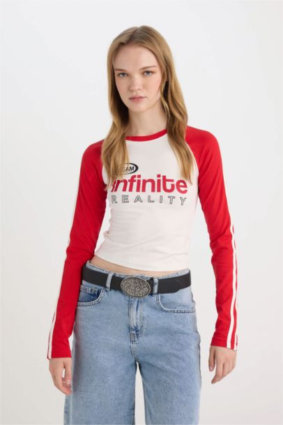 T-shirt Slim à manches longues imprimé à col rond