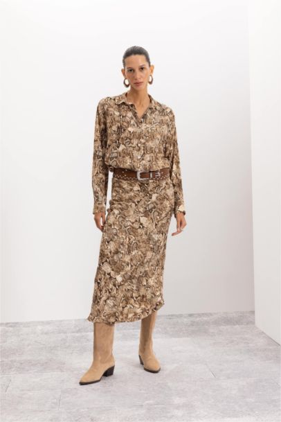 A Kesim Yılan Derisi Desenli Beli Lastikli Maroken Maxi Etek