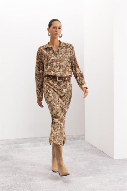 A Kesim Yılan Derisi Desenli Beli Lastikli Maroken Maxi Etek