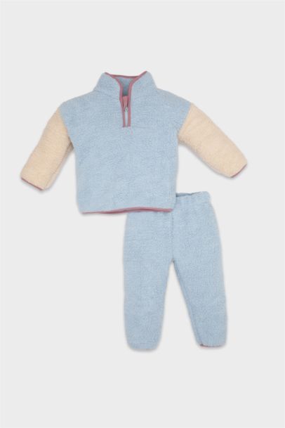Kız Bebek 2'li Takım Pelüş Fermuarlı Dik Yaka Sweatshirt Beli Lastikli Alt