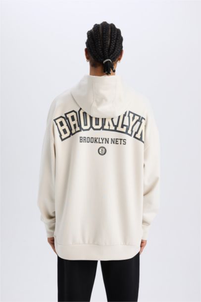 NBA Brooklyn Nets Oversize Geniş Kalıp Kapüşonlu Sırt Baskılı Skuba Dalgıç Kumaş Sweatshirt