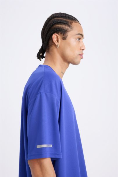 Hızlı Kuruyan Boxy Fit Bisiklet Yaka Baskılı Sporcu Kısa Kollu Tişört