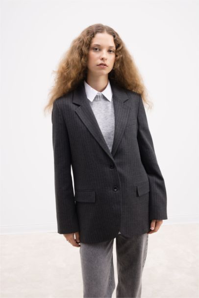 Oversize Geniş Kalıp Ceket Yaka Düğmeli Çizgili Blazer Ceket