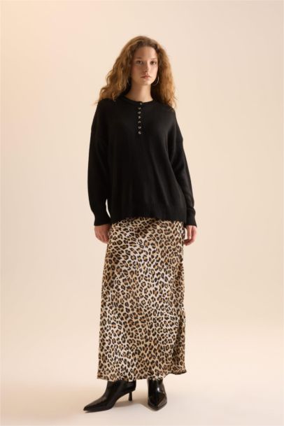 Straight Fit Normal Bel Leopar Desenli Saten Maxi Etek