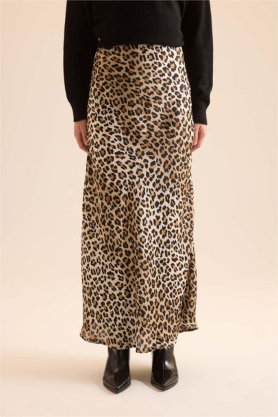 Straight Fit Normal Bel Leopar Desenli Saten Maxi Etek
