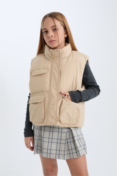 Su Geçirmez Dik Yaka Fermuarlı Cepli Şişme Yelek Kız Çocuk