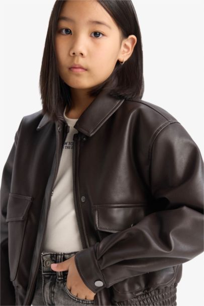 Girl Zippered Double Pocket Faux Leather Waterproof Jacket