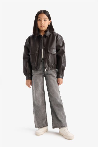 Girl Zippered Double Pocket Faux Leather Waterproof Jacket